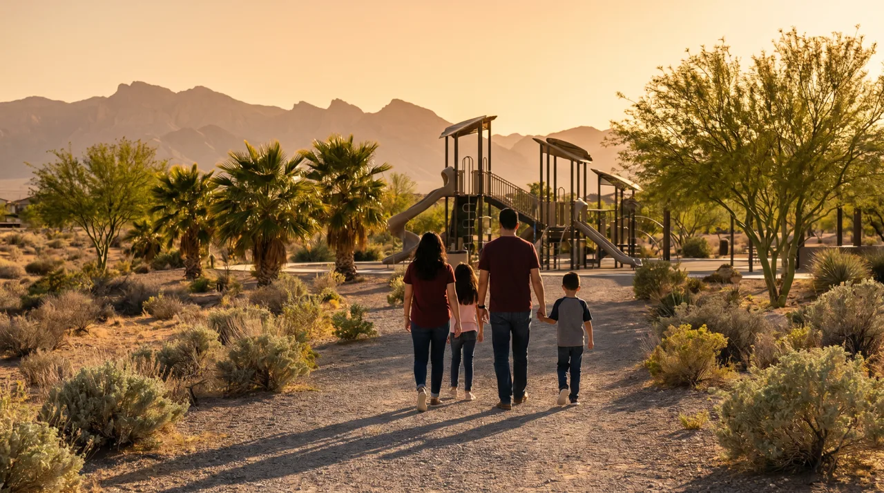 Family of four exploring a suburban neighborhood park with playground equipment and palm trees at golden hour