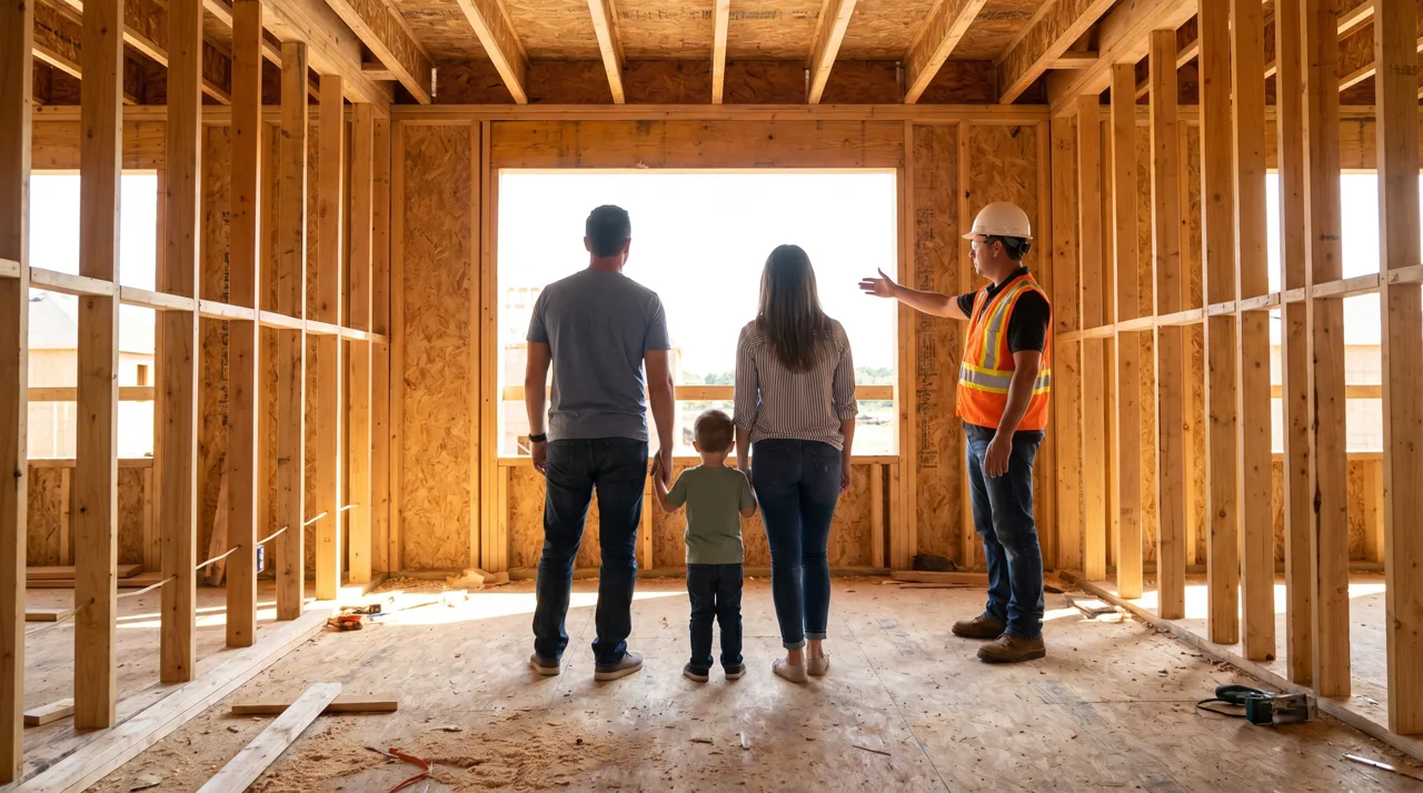 A family seen from behind touring a new home under construction with a builder representative, interior wood framing visible