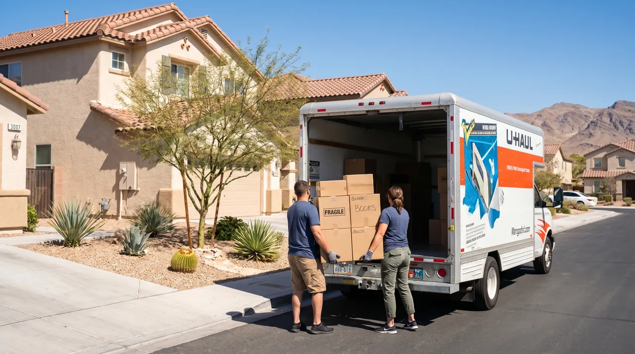 Family unloading cardboard moving boxes from a rental truck in front of a new Las Vegas home