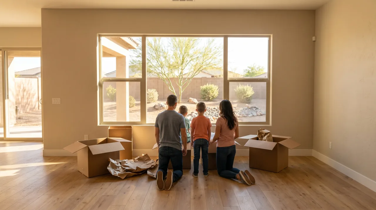 Family unpacking moving boxes in a sunny suburban home with desert landscaping visible through the window