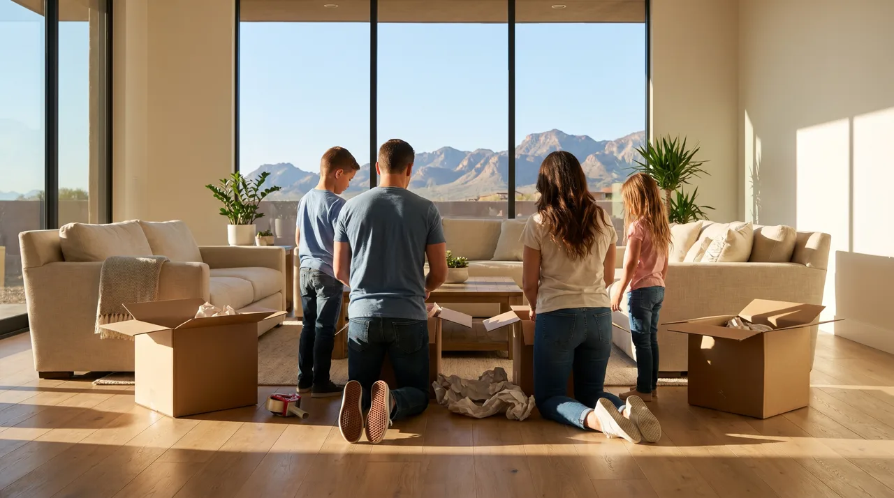 Family seen from behind unpacking moving boxes in a sunny modern living room with desert mountain views through a large window