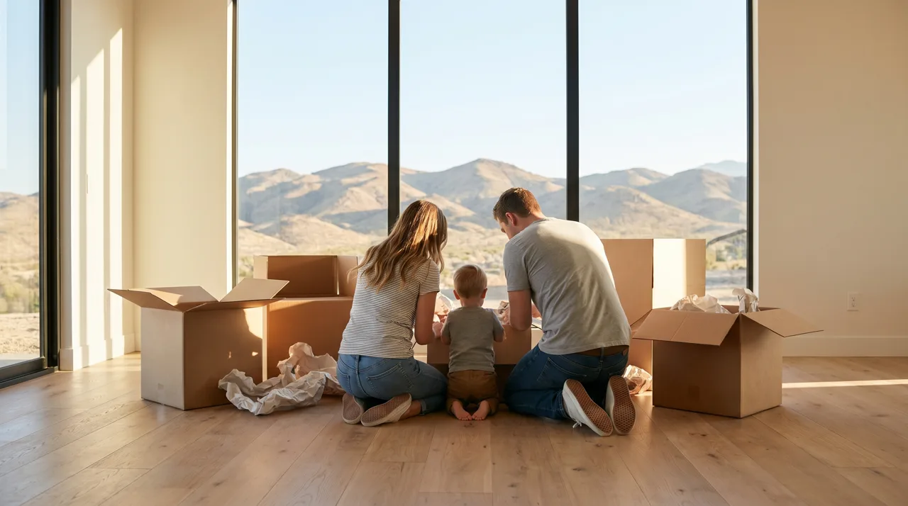 Family unpacking cardboard moving boxes in a bright modern Las Vegas home with mountain views