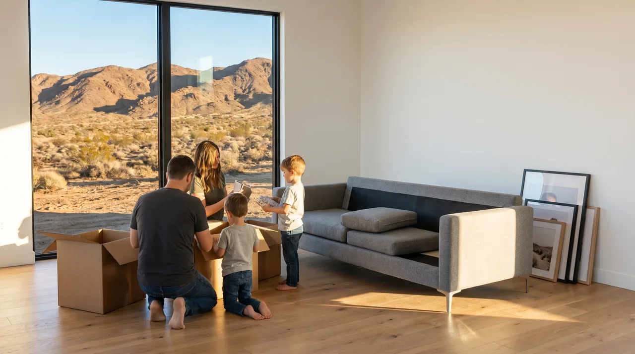Family unpacking moving boxes in a bright modern Las Vegas living room with mountain views through a large window
