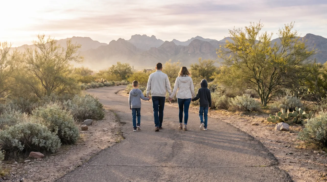 Family walking together along a desert park path in West Las Vegas during soft morning light