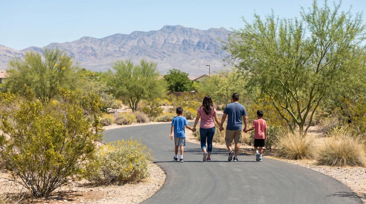 Family of four seen from behind walking on a paved path through a Las Vegas desert park with sparse greenery
