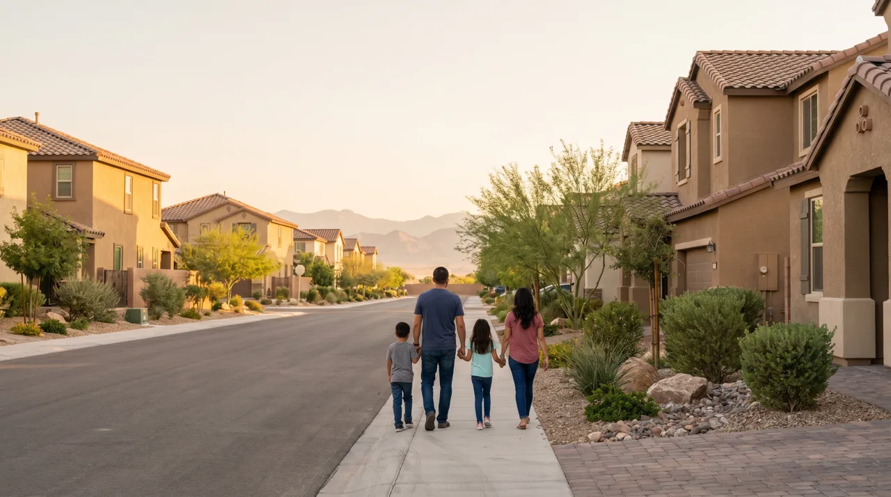 A family walking together down a quiet Las Vegas suburban street on a weekend morning