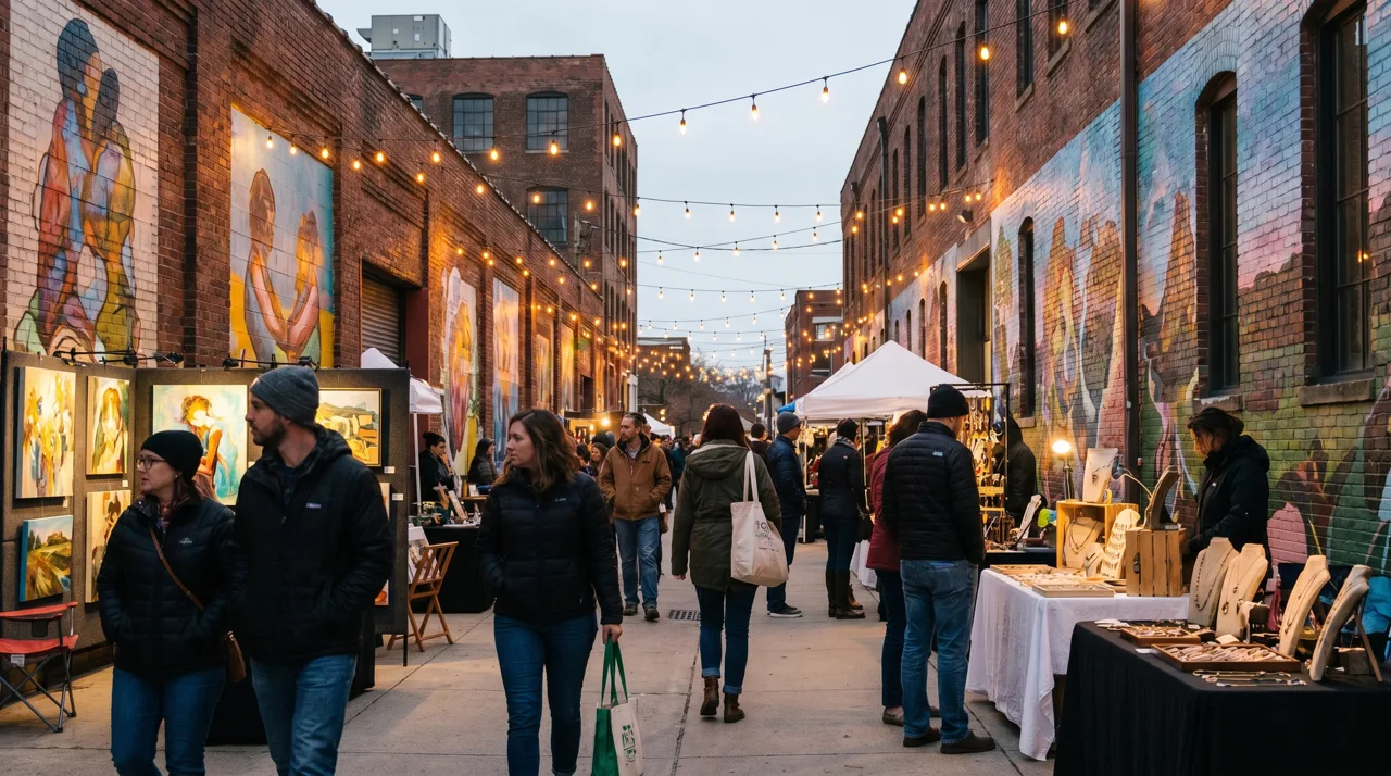 Adults walking through a First Friday art walk event in the Las Vegas Arts District with murals and string lights behind them