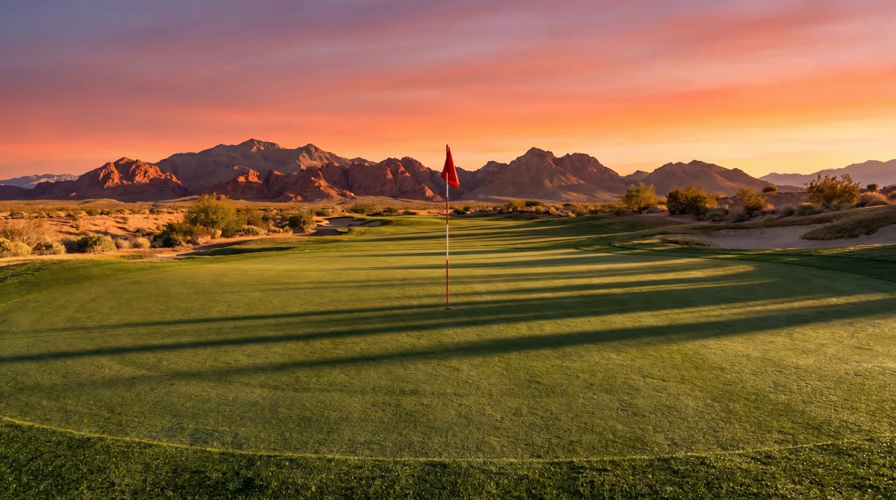 Single flagstick on a putting green at sunset on a Las Vegas desert golf course