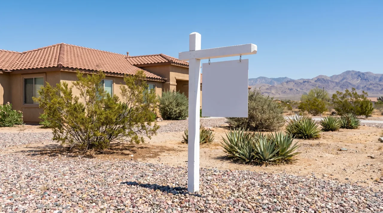 Real estate for-sale sign in front of a single-story Las Vegas home with desert landscaping and mountain views