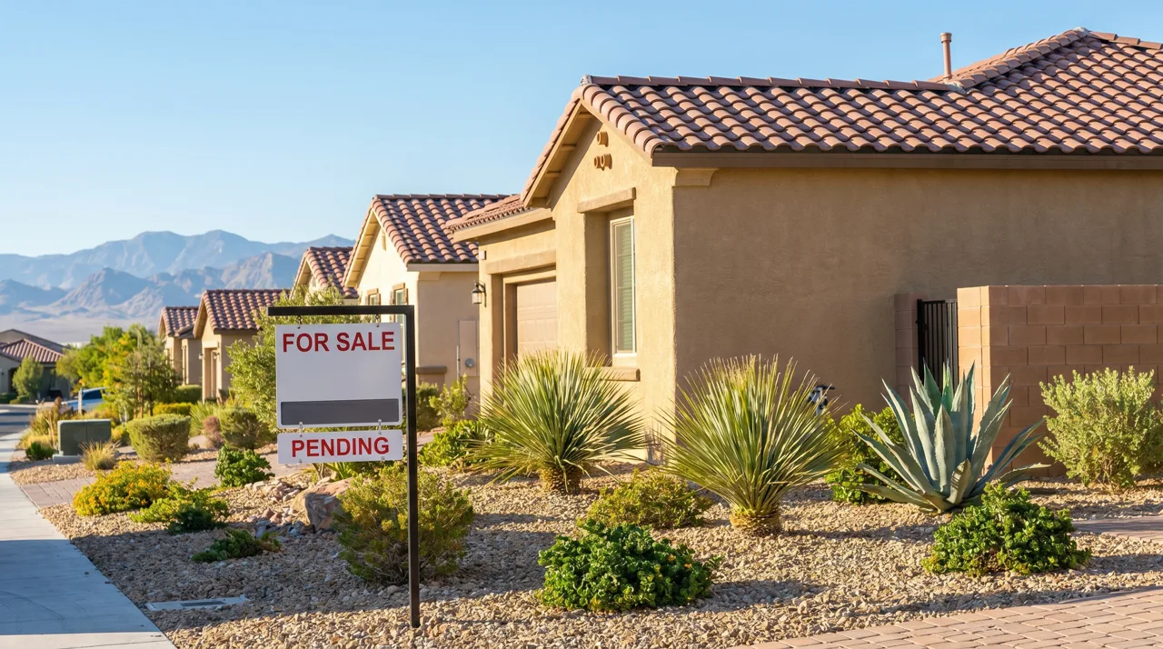 Real estate for-sale sign in the front yard of a single-family home in a Las Vegas suburb
