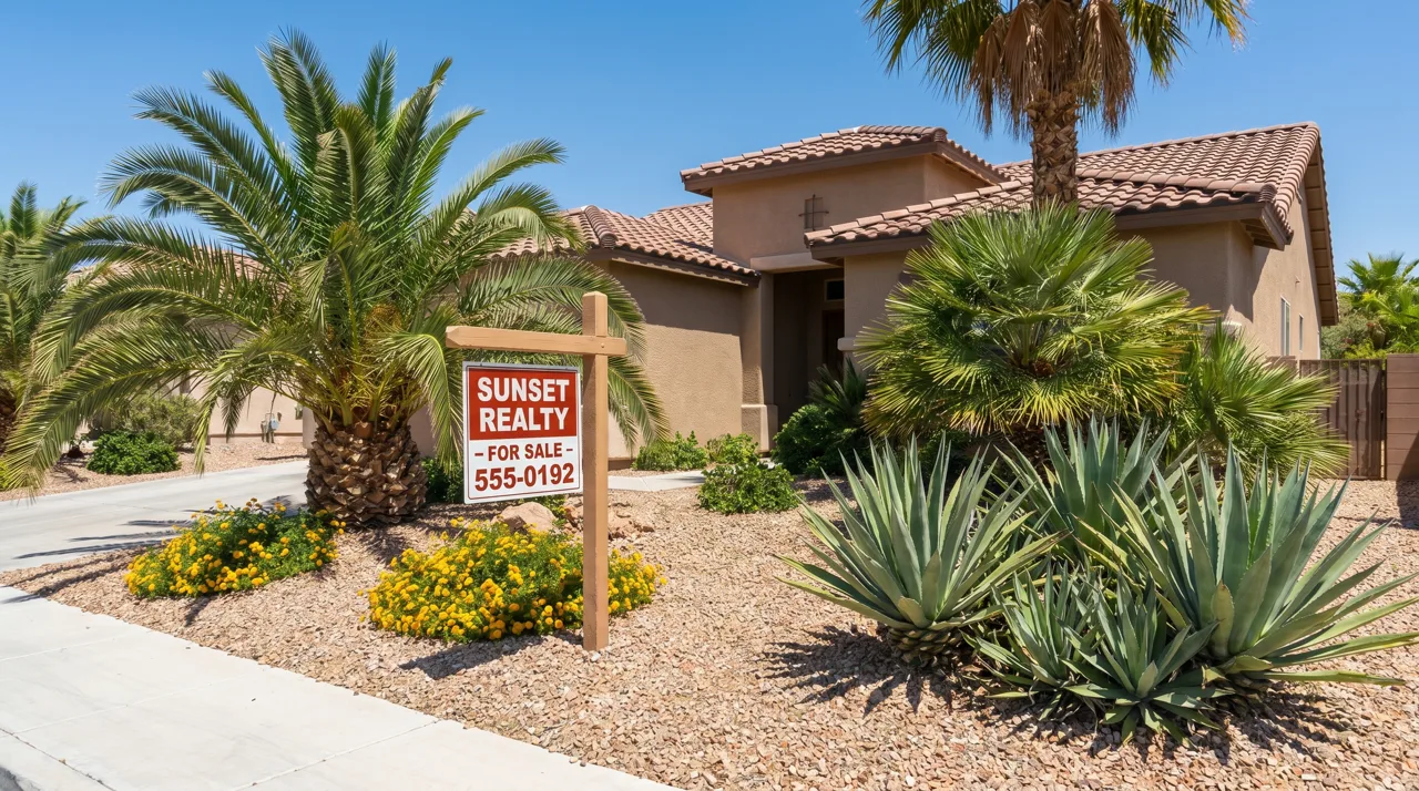 A 'For Sale' real estate sign in front of a stucco home with palm trees and desert landscaping in Las Vegas