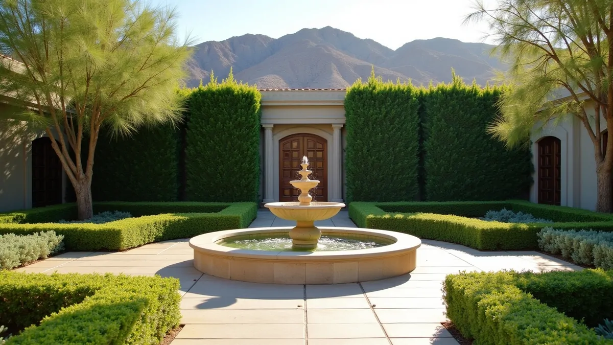 Formal garden with a fountain in the Las Vegas desert