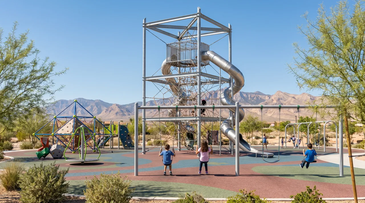 Tall climbing tower and colorful playground equipment at Fox Hill Park in Summerlin