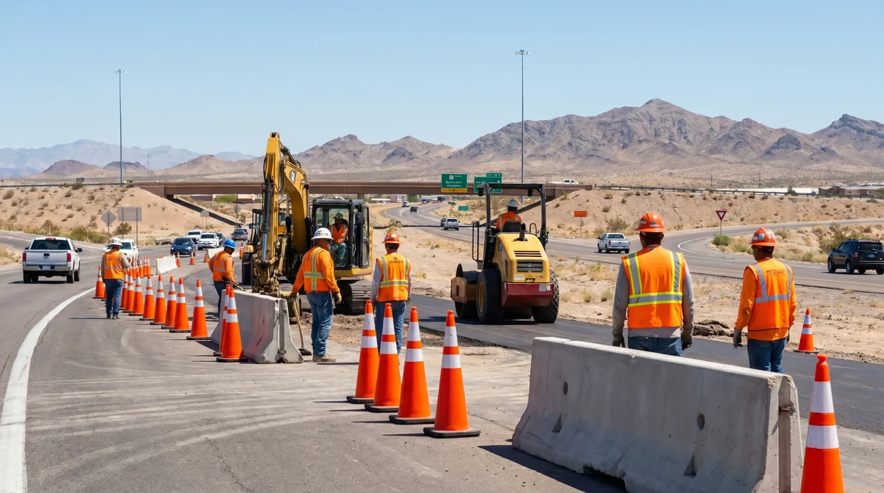 Construction crew working on a Las Vegas freeway interchange with traffic cones and equipment