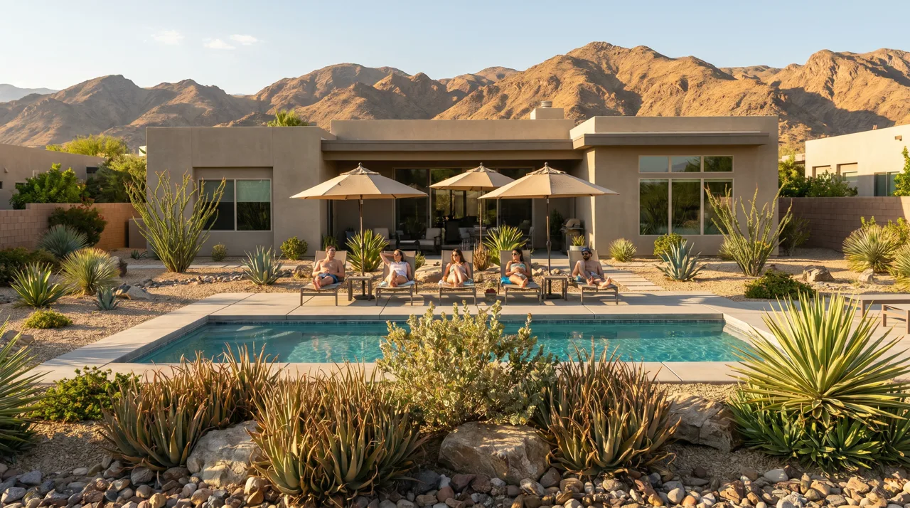 A group of friends relaxing around a backyard pool at a desert vacation rental home