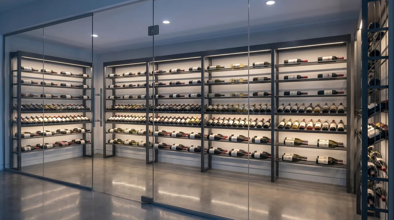Interior view of a floor-to-ceiling glass wine cellar with modern metal racking and LED accent lighting