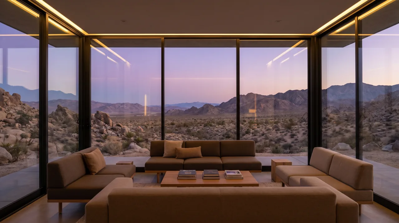 Modern luxury home with large glass windows overlooking the Las Vegas valley at dusk