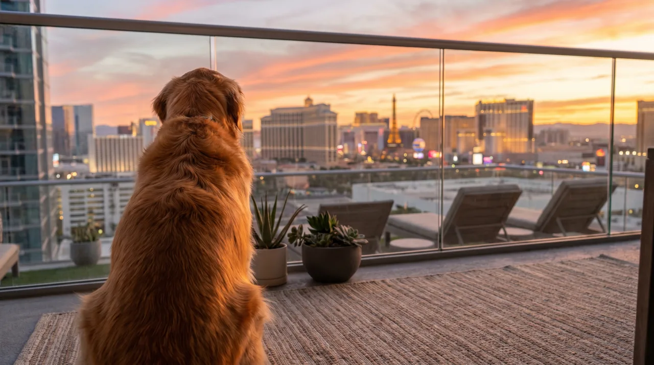 Golden retriever sitting on a high-rise condo balcony overlooking the Las Vegas Strip at sunset