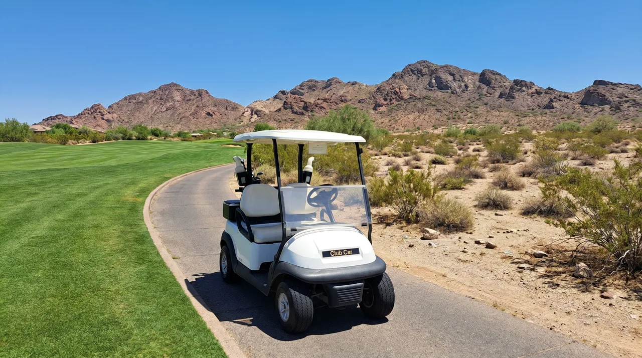 Golf cart parked on a cart path with a desert-style golf course and mountains in the background