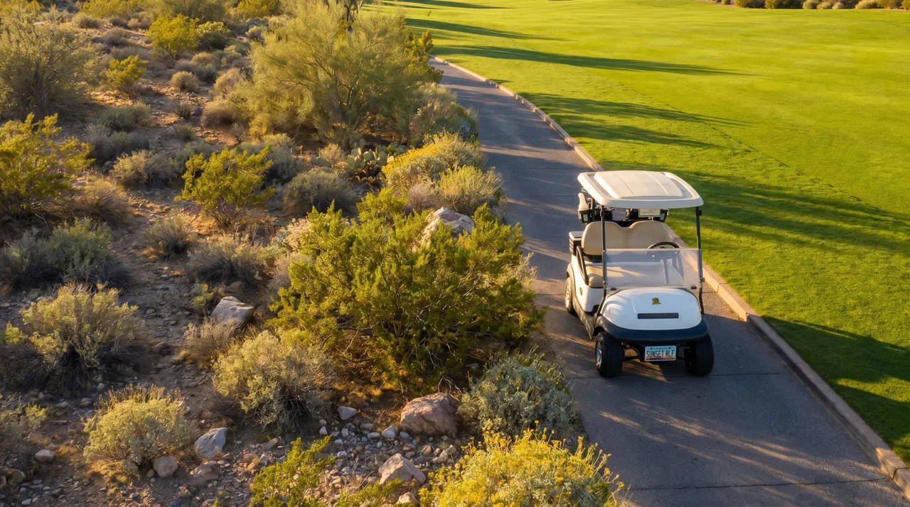 White golf cart parked on a paved cart path beside a desert golf course fairway