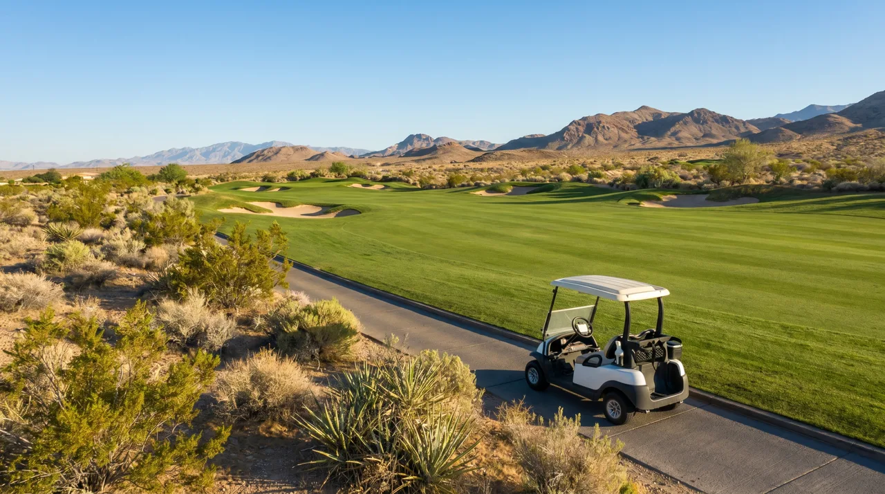 A golf cart parked on a path beside an empty fairway on a Las Vegas desert golf course