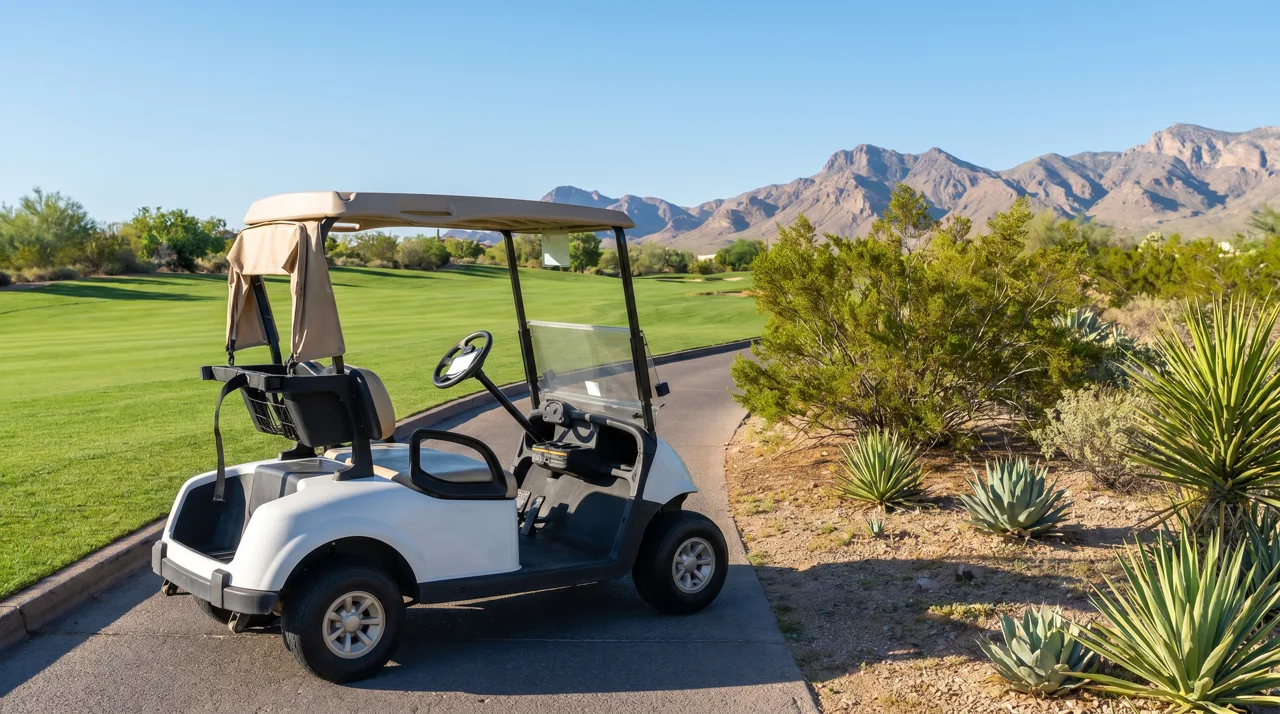 White golf cart parked on a paved cart path next to a desert golf course fairway