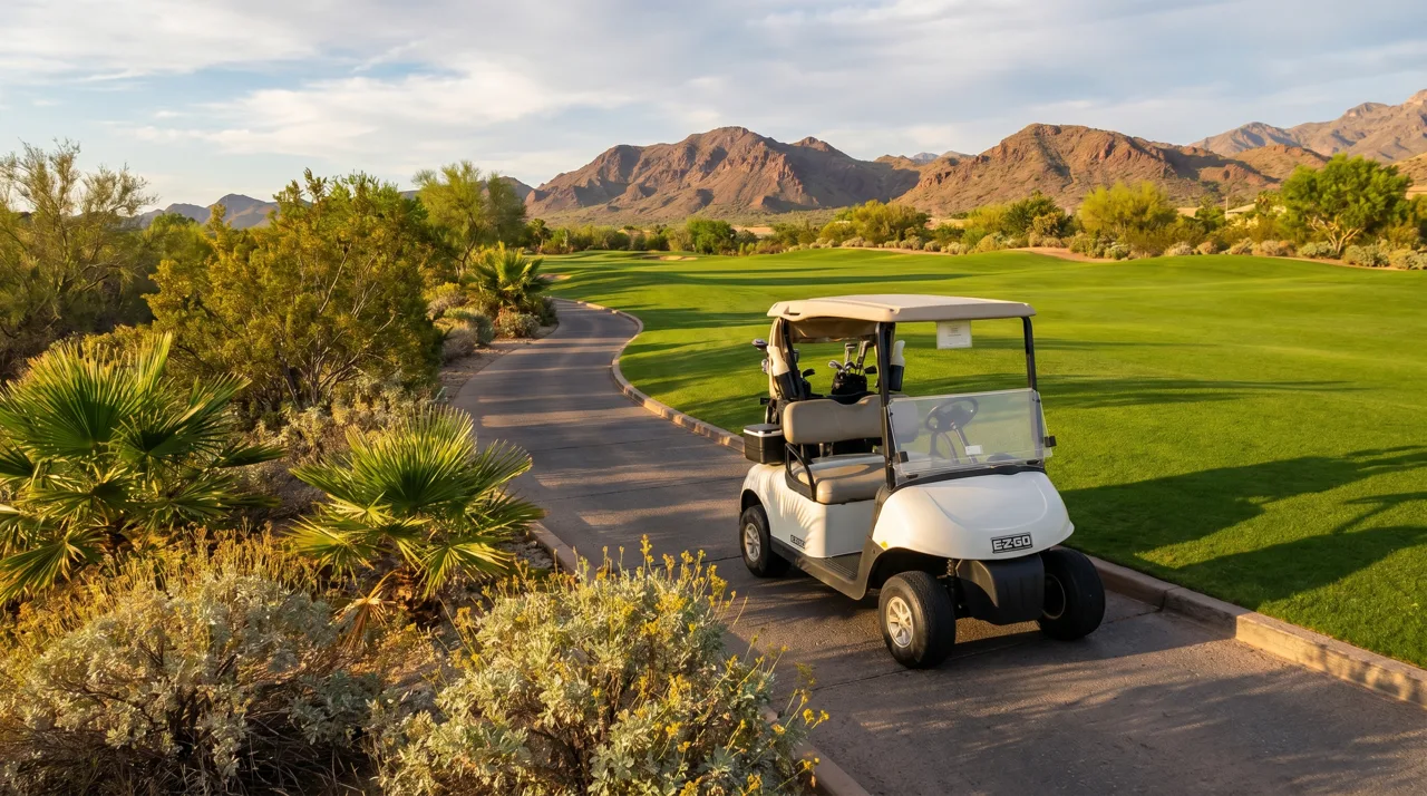 White golf cart parked on a cart path next to a desert fairway with mountains beyond