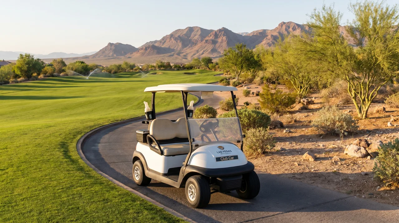 White golf cart parked on a paved path beside a desert golf course fairway with mountains in the distance