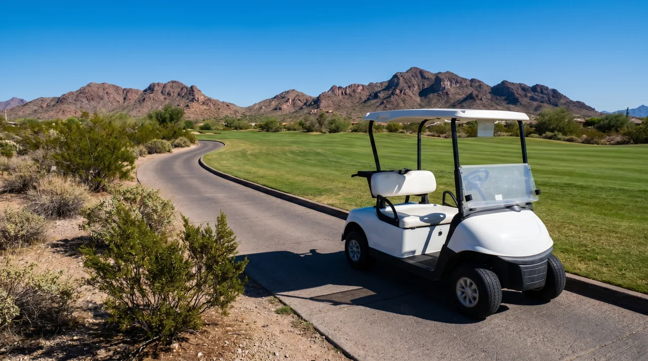 White golf cart parked on a cart path beside a desert golf course fairway under midday sun