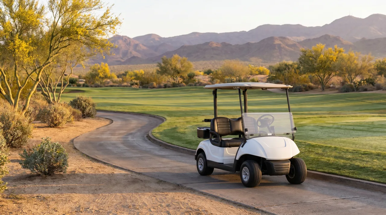 Golf cart parked on a quiet desert golf course path in morning light