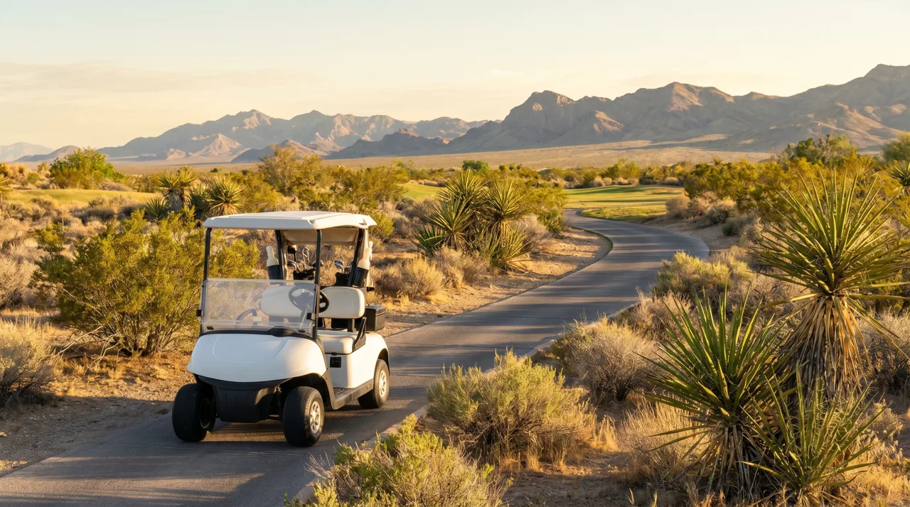 Golf cart on a winding desert cart path with mountains in the background at morning