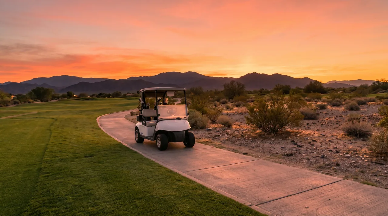 Single golf cart parked on a cart path through a desert golf course at sunset
