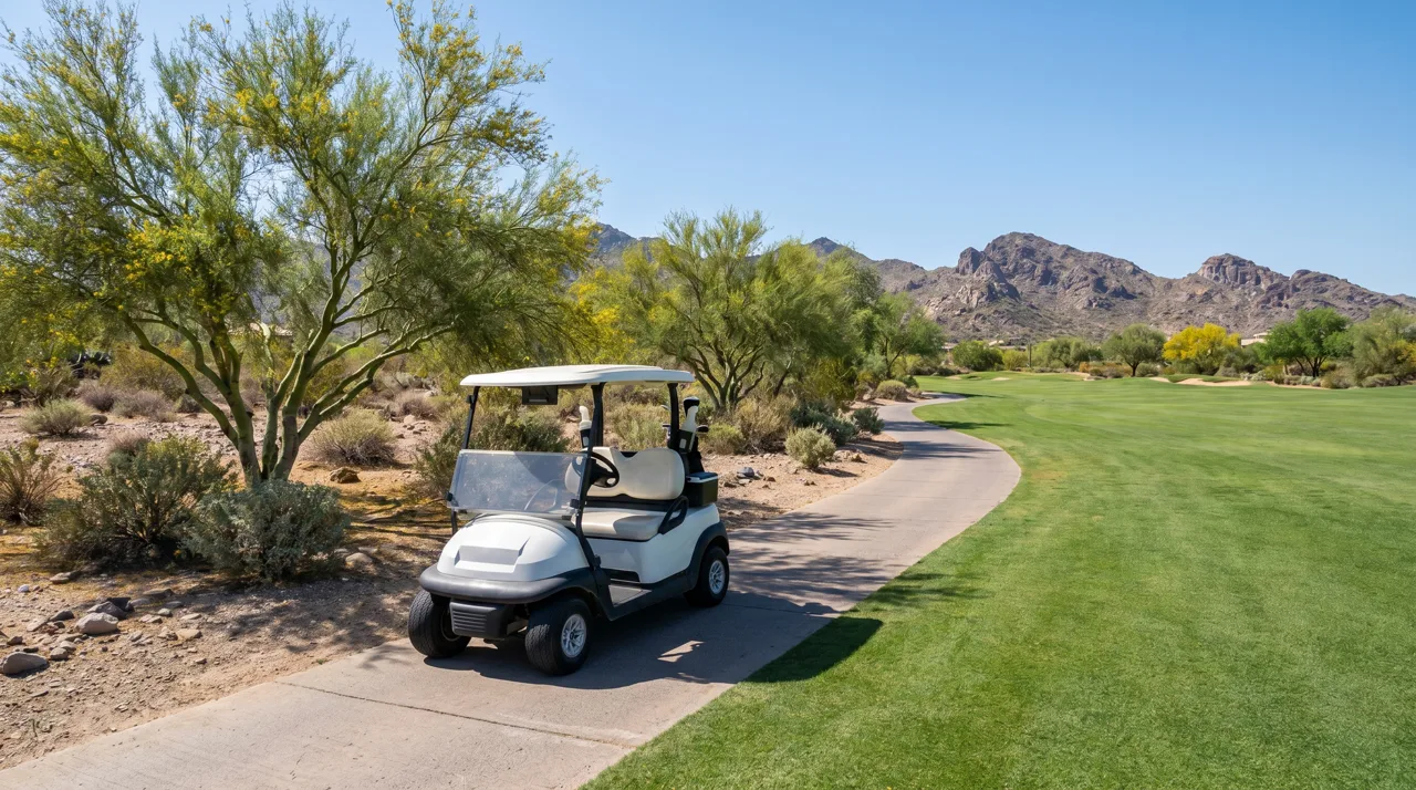 White golf cart parked on a cart path beside a green fairway with Las Vegas desert mountains in the background