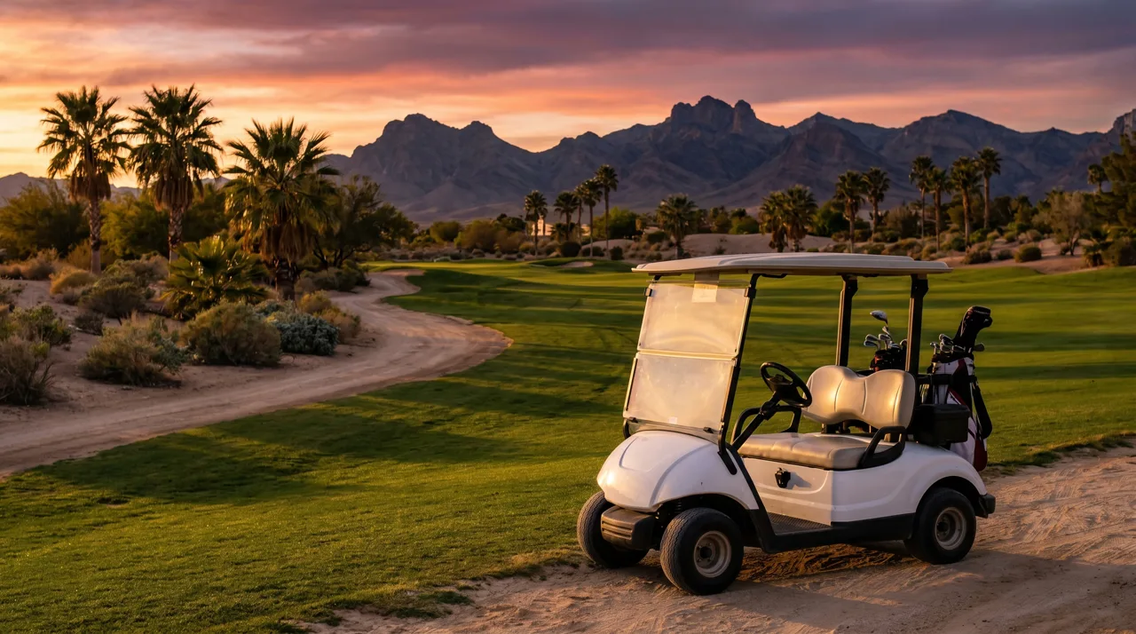 White golf cart parked beside a fairway at a Las Vegas desert golf course at sunset with mountains in the distance