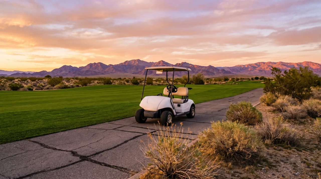 White golf cart parked on a cart path beside a desert fairway at sunset