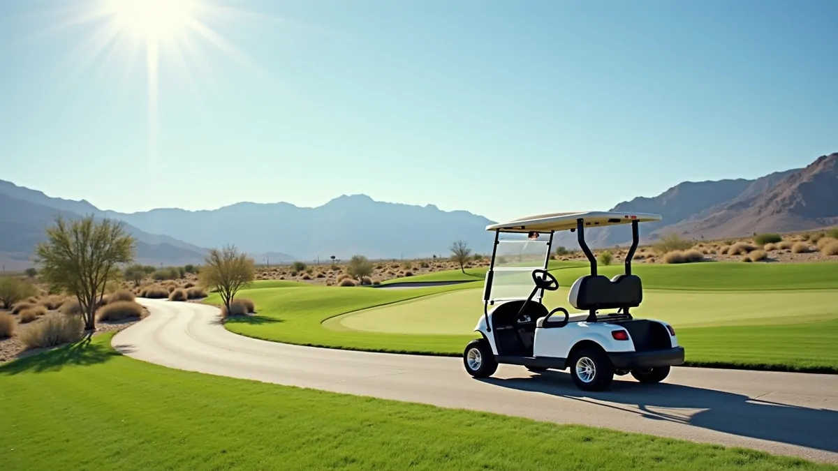 Golf cart parked beside green grass in the Las Vegas desert under clear sky