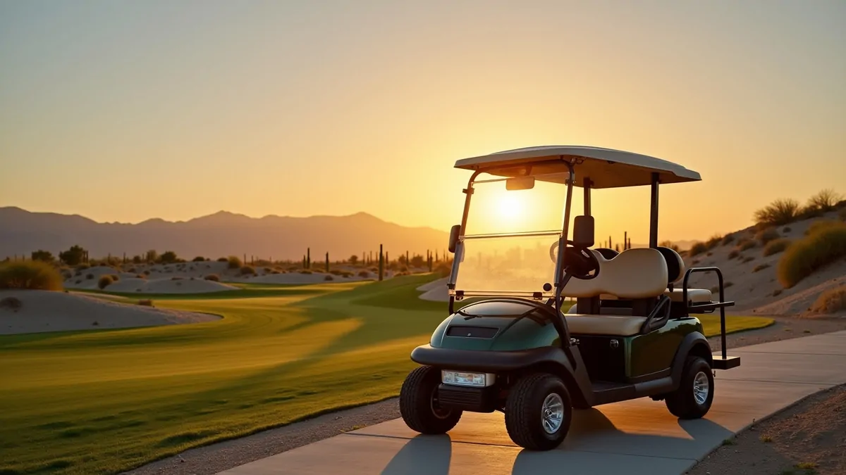 Golf cart parked on a path beside a desert fairway at sunset.