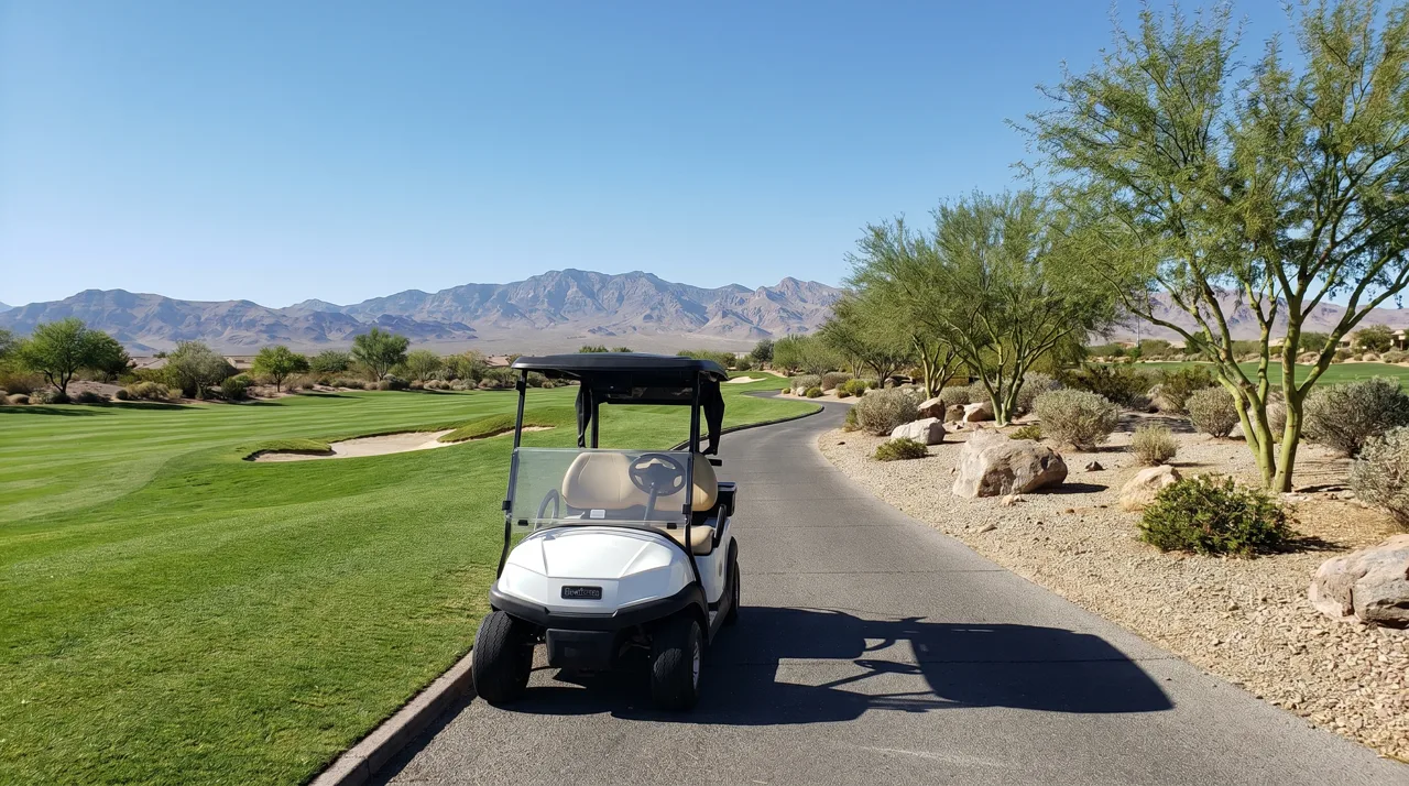 White golf cart parked beside a paved cart path on a Las Vegas desert golf course in midday sun