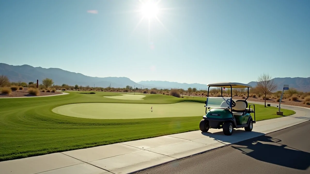 Golf cart parked on path next to fairway in Las Vegas desert, midday.