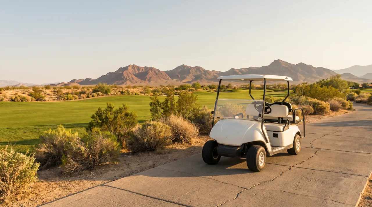 Empty golf cart parked on a cart path beside a fairway in a Las Vegas desert golf community