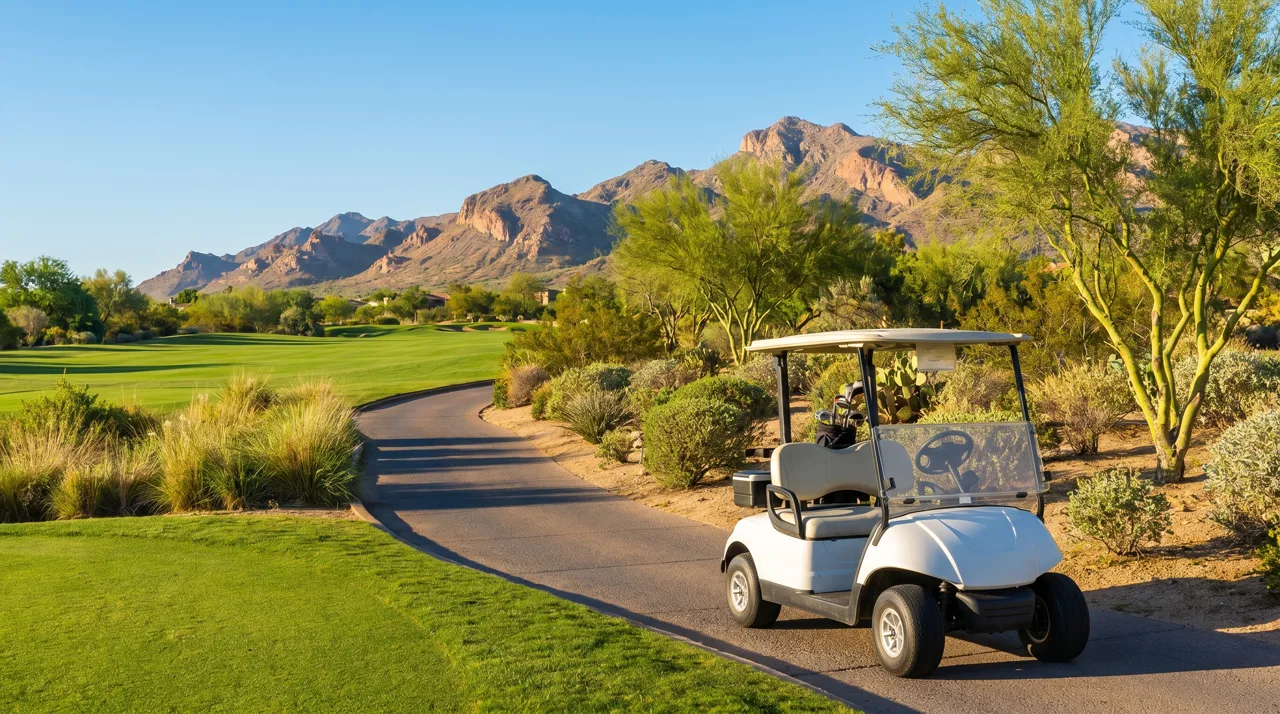 Golf cart on a paved path winding through a Las Vegas desert golf course on a sunny afternoon