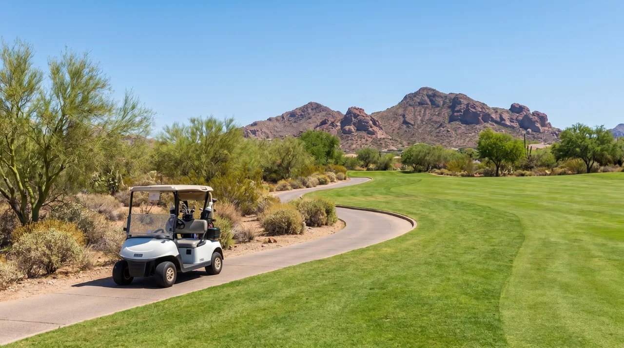 Single white golf cart parked on a paved cart path beside a green fairway in the Las Vegas desert