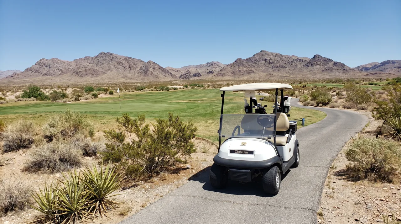 White golf cart parked on a winding cart path with a Las Vegas desert fairway and mountains in the background