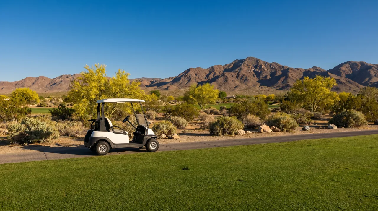 Golf cart parked on a cart path next to a desert golf fairway in afternoon light