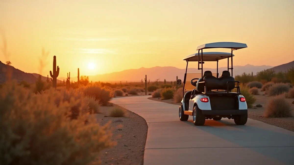Golf cart on a path in the Las Vegas desert at sunset