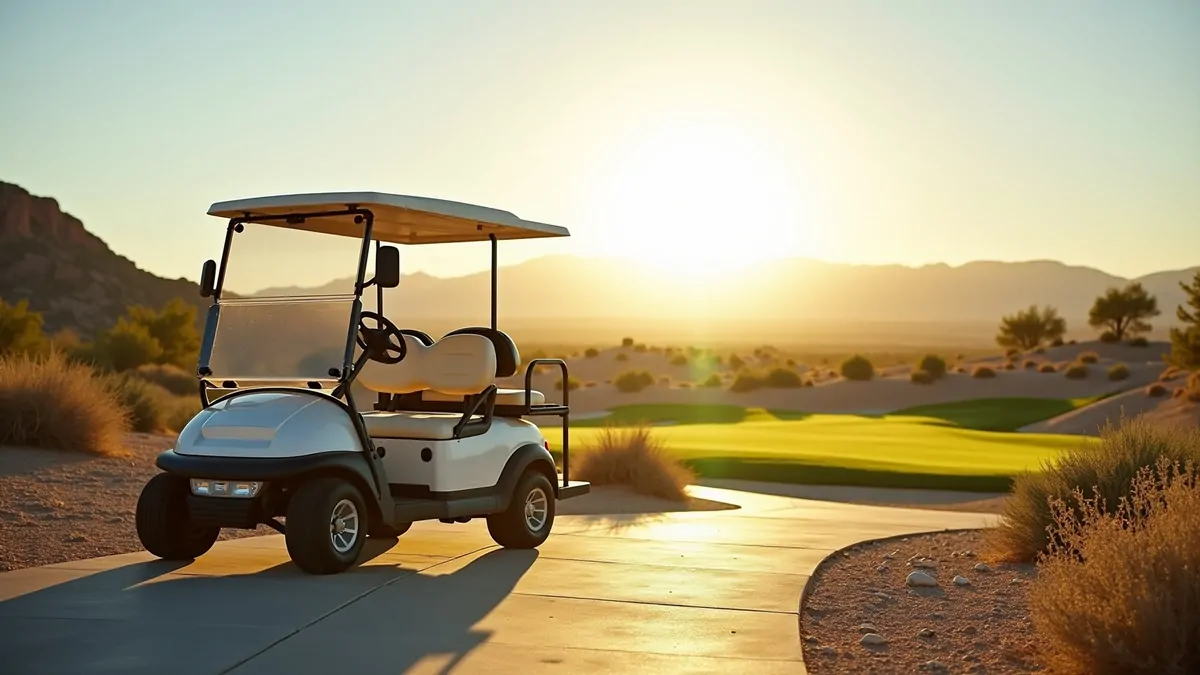 Golf cart on path in Las Vegas desert landscape, fairway in background