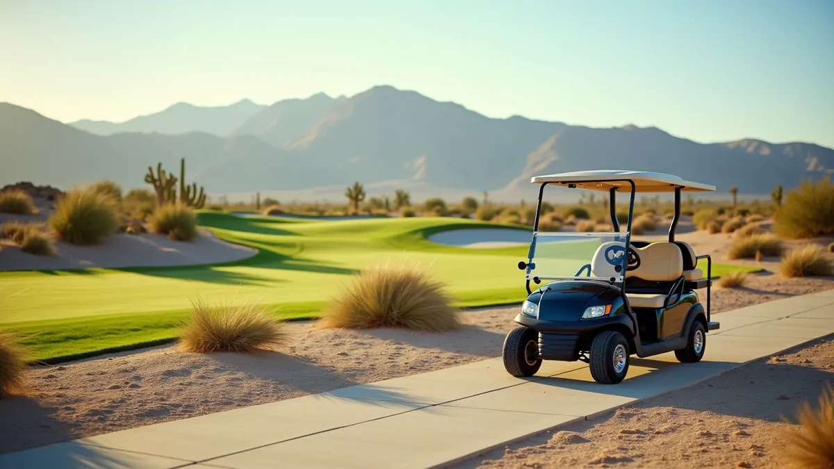 Golf cart on path near fairway in Las Vegas desert, afternoon lighting