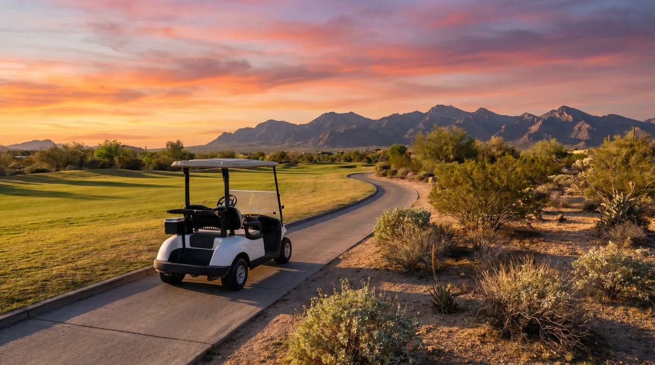 A golf cart parked on a cart path through a desert golf course at sunset
