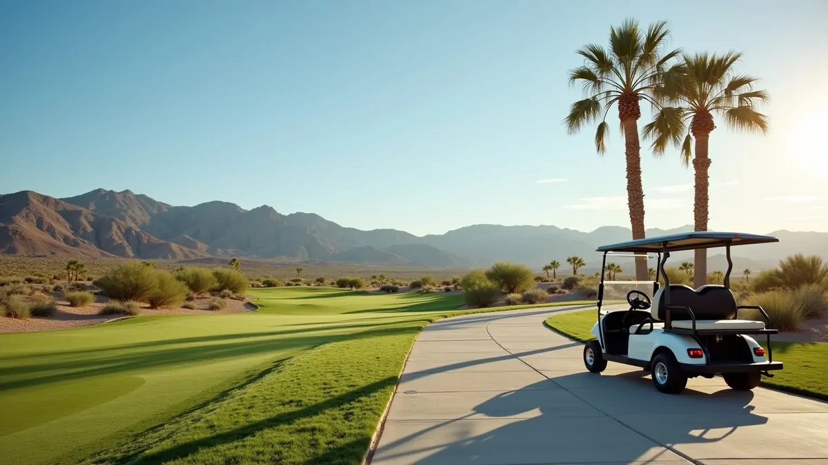 Golf cart on paved path beside desert fairway in afternoon