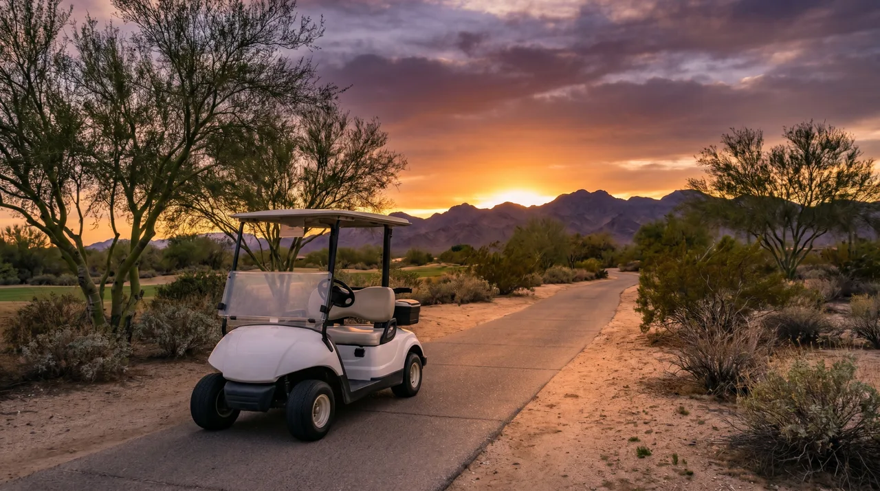 Golf cart parked on a desert golf path at sunset with mountains in the background